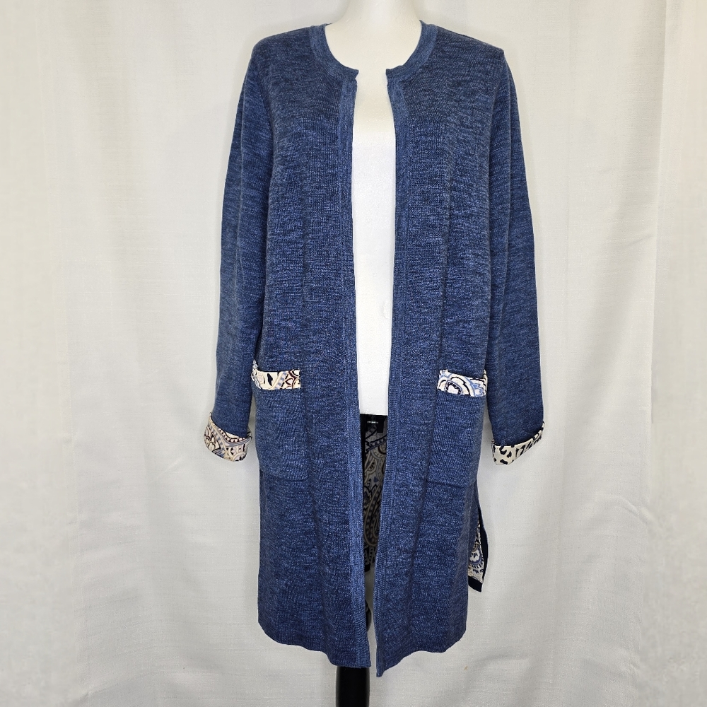 Chicos Paisley Leopard Print Detail Cardigan Womens 2 US Large Blue Open Front